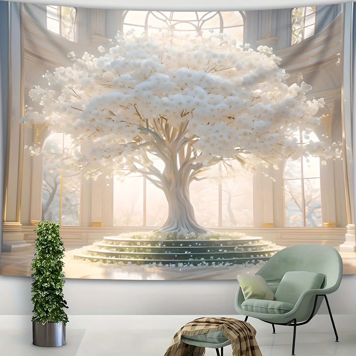 Large Romantic White Tree of Life Tapestry Anti Wrinkle and Fade Resistant Wall Hanging For Dormitory Elegant Home Decor.