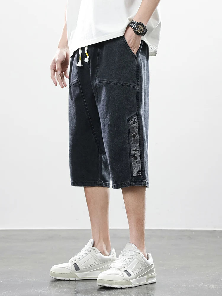 Summer Men's Jeans Denim Breeches Calf-Length Casual Shorts Washed Cotton Drawstring Straight Capris Pants Big Size 8XL.