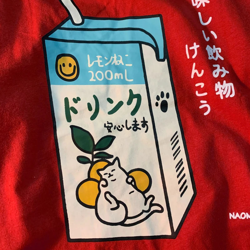 Cute Japanese Cat Print Oversized T-shirt Women Men Short Sleeve Loose Casual Tee Shirt Streetwear Tops Cotton Harajuku Clothing.