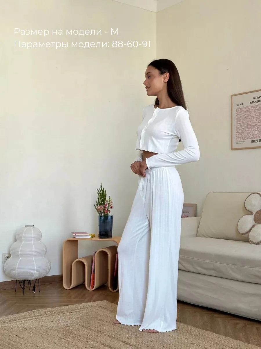 Spring and Autumn New Ladies Sexy Pajamas Homewear Suit Knitted Design Sense Containing Cotton Long-Sleeved Long Pants Suit.