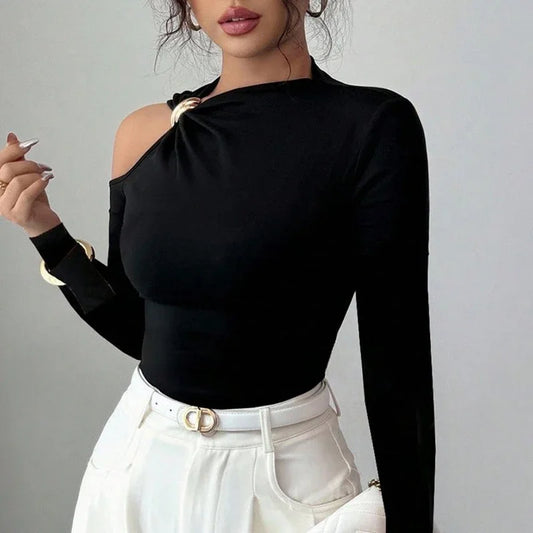 Fashion Women Blouses Sexy Cold Shoulder Skinny Top Elegant Long Sleeve Shirt Women Sexy Tops Female All Match Shirt Black.