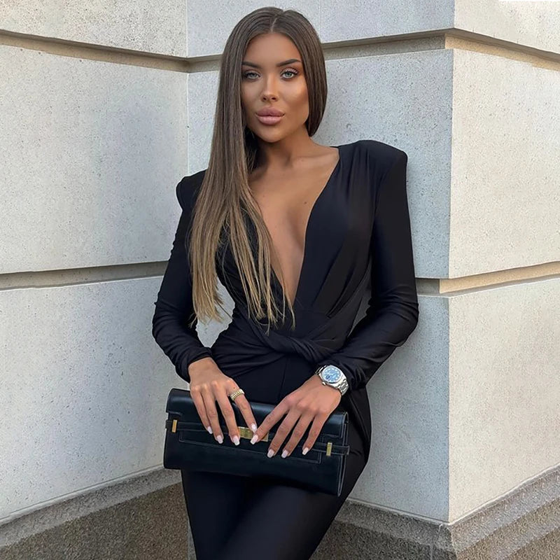 Mozision Deep V Neck Long Sleeve Skinny Jumpsuits Women Rompers Elegant Black High Waist Ruched Slim Sexy Jumpsuit Outfits.