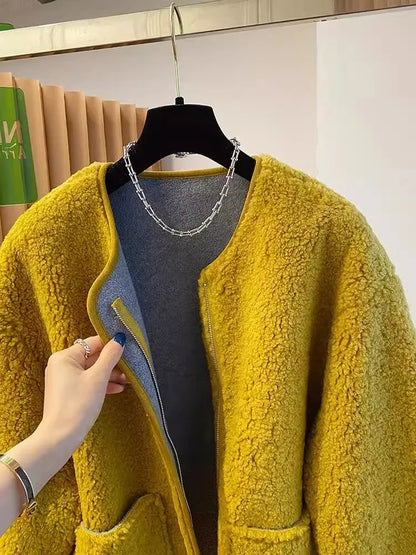 Hochwertige Lammwolljacke für Damen, lockerer warmer Samtmantel, 2025, neuer Frühling und Herbst, große Taschen, modische Oberbekleidung, M-3XL