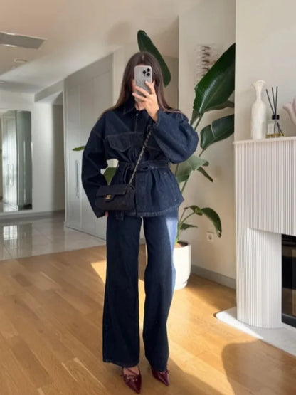 Retro Classic Denim Jacket Pants 2pcs Set Strap Coat Women Straight Leg Pants Autumn Stylish Women's Casual Suit