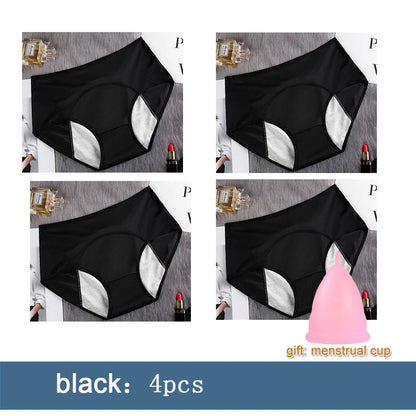 4pcs Women Menstrual Panties+gift Menstrual Cup Female Period Leak Proof Underwear Plus Size Maternal Physiological Briefs
