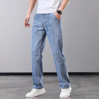 Summer Thin Men's Jeans Lyocell Fabric Soft Breathable Straight Denim Pants Brand Man Elastic Ice Silk Casual Trousers Grey Blue.