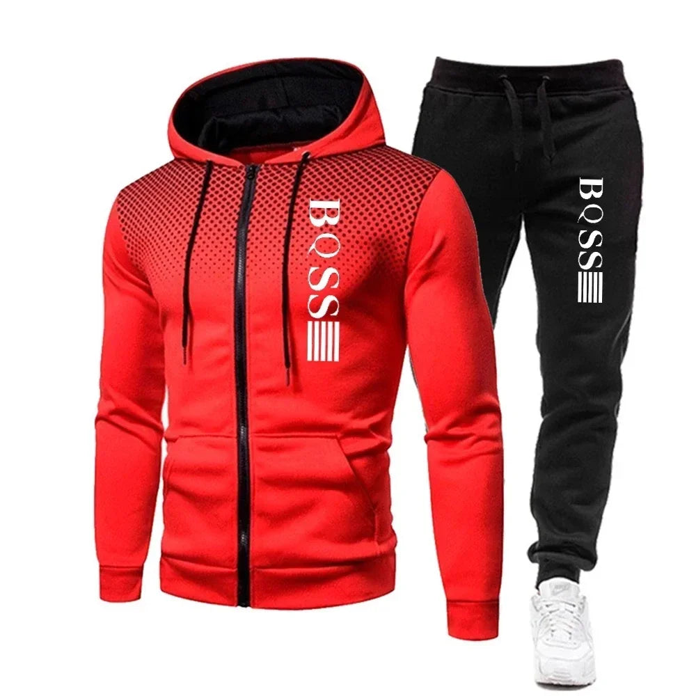 2025 Men's fashion printed sportswear, zipper hooded sweatshirt + sportswear pants, casual fitness jogging sportswear set.