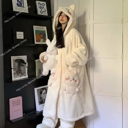 Kawaii Chiikawas Pajamas Coral Velvet Home Wear Long Length Nightgown Thick Cardigan Pant Cartoon Cute Girl Casual Home Clothing.