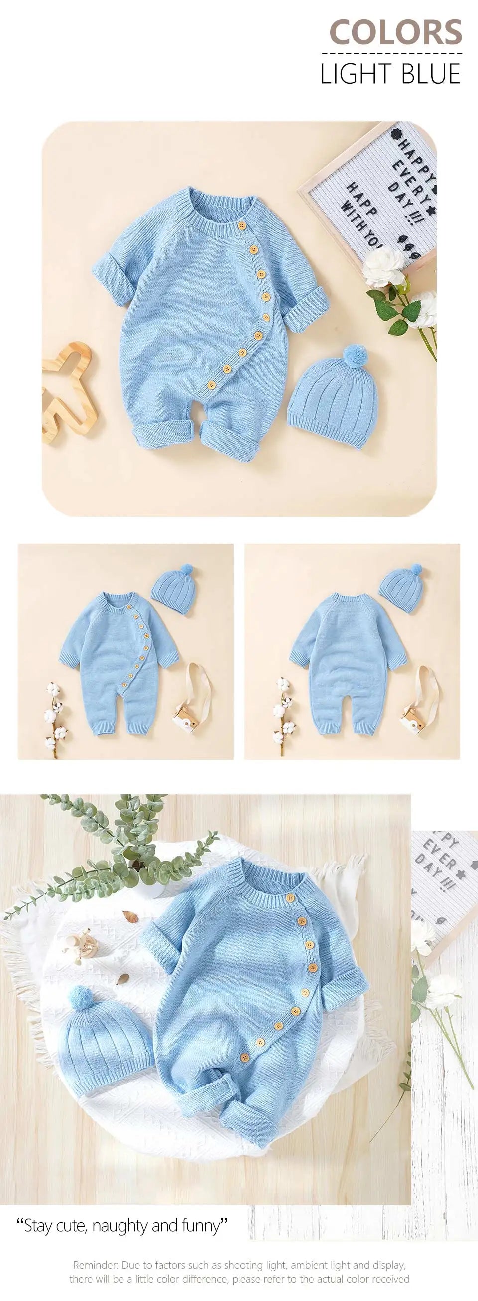 Baby Rompers Knitted Autumn Long Sleeve Newborn Boys Girls Jumpsuits Hats Outfits Sets Winter Solid Infant Netural Overall 0-18m