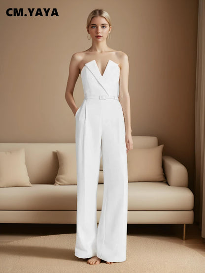 CM.YAYA Women Wide Leg Strapless V-neck Sleeveless Jumpsuits 2025 Summer OL Beach Night Club Party Street One Piece Suit Romper.