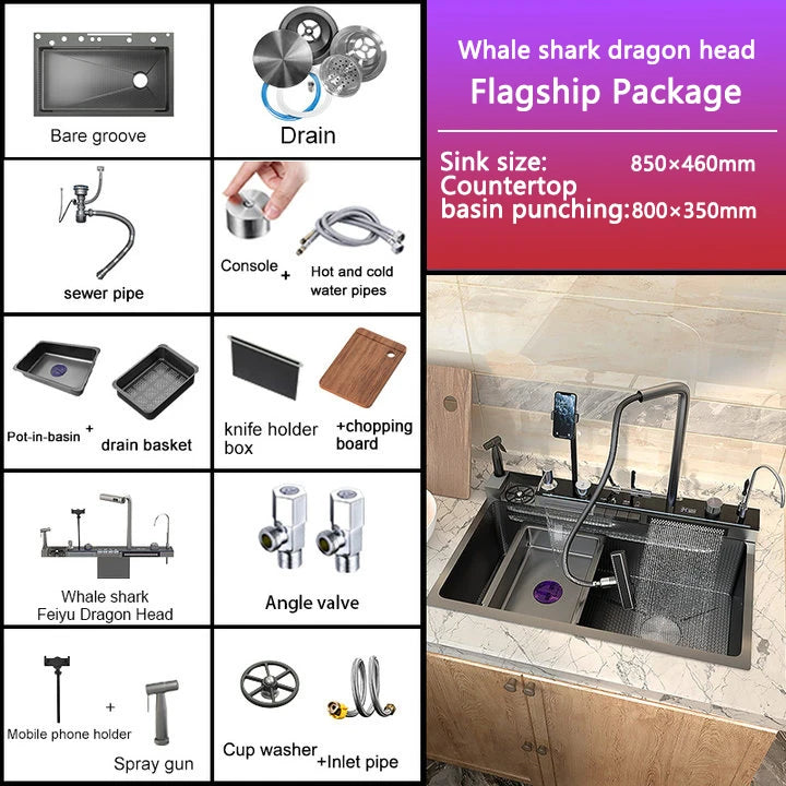 Stainless Steel Digital Kitchen Sink Large Waterfall Pull Out Faucet Honeycomb Embossed Sink Set