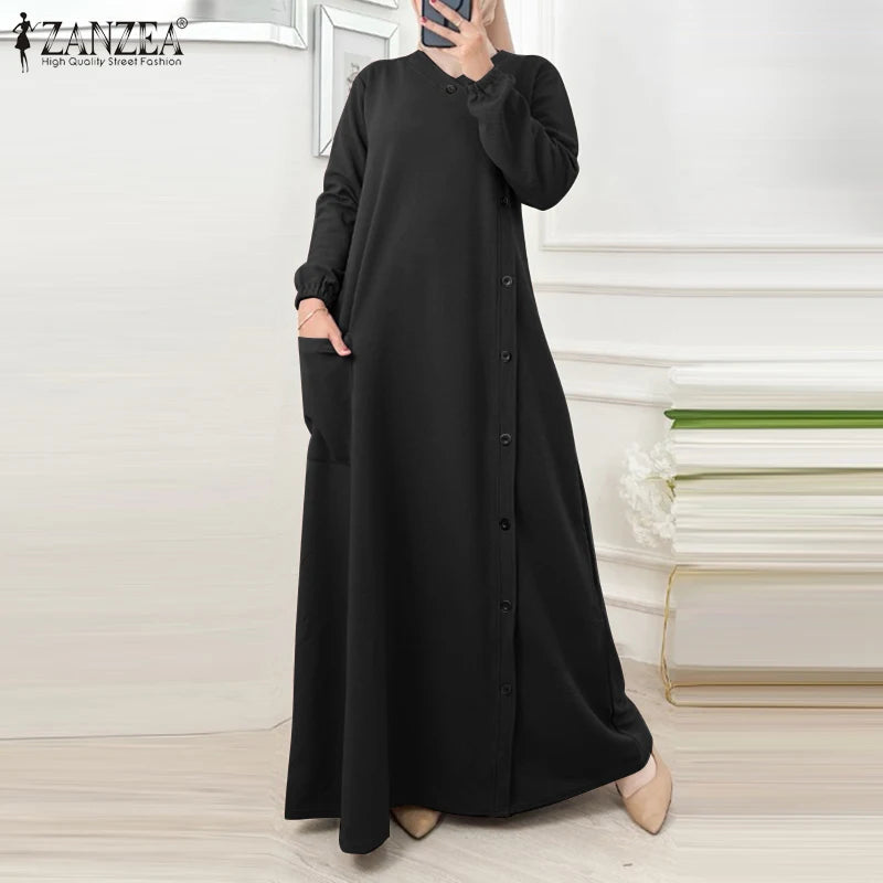 ZANZEA Muslim Casual Loose Long Dresses Textured O Neck Buttons Long Sleeve A-line Vestidos Women 2024 Islamic Hijab Abaya Robes.