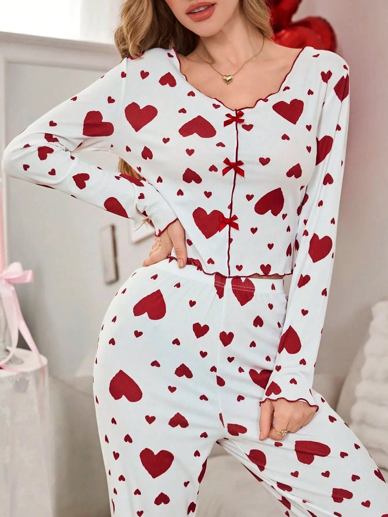 Autumn Winter 2 Pieces Pajamas Sets for Women Sleepwear Heart Print Long Sleeve Tops with Long Pants Trouser Set Pyjamas.