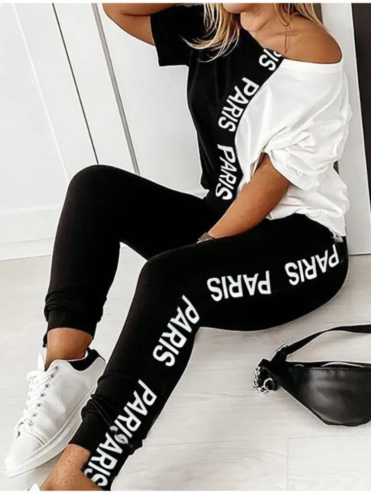 2023 Women's Spring Summer Sportswear Two-piece Set With Patchwork Letters Short Sleeved Long Pants Casual Women's Two-piece Set.