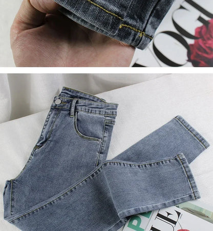 Black Grey Jeans Women's Spring Autumn Winter High-Waisted Petite Stretchy Tight Small Footed Pants Slimming Pencil Leggings.