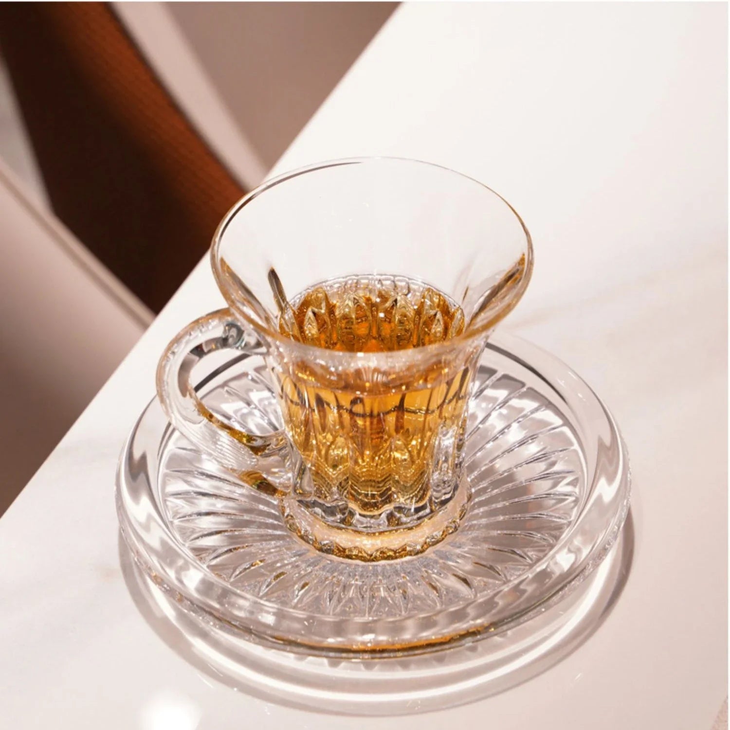 Crystal Glass Cappuccino Hot Drink Coffee Cup Simplicity Household Creative Transparent Flower Tea Hot Drink Cup and Saucer Set.