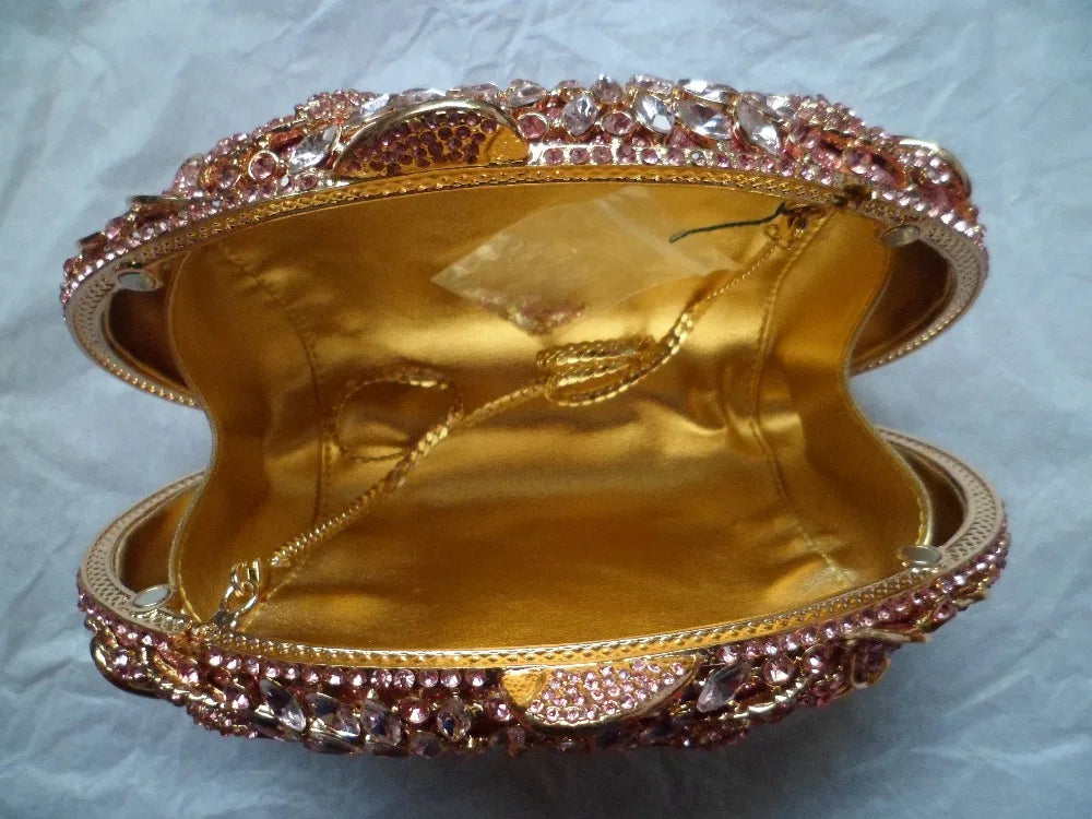 Gold Metal Leaves White Crystals Evening Clutch Bags Luxury Women Wedding Party Purse Ball Handbags Rhinestone Mini heart bag