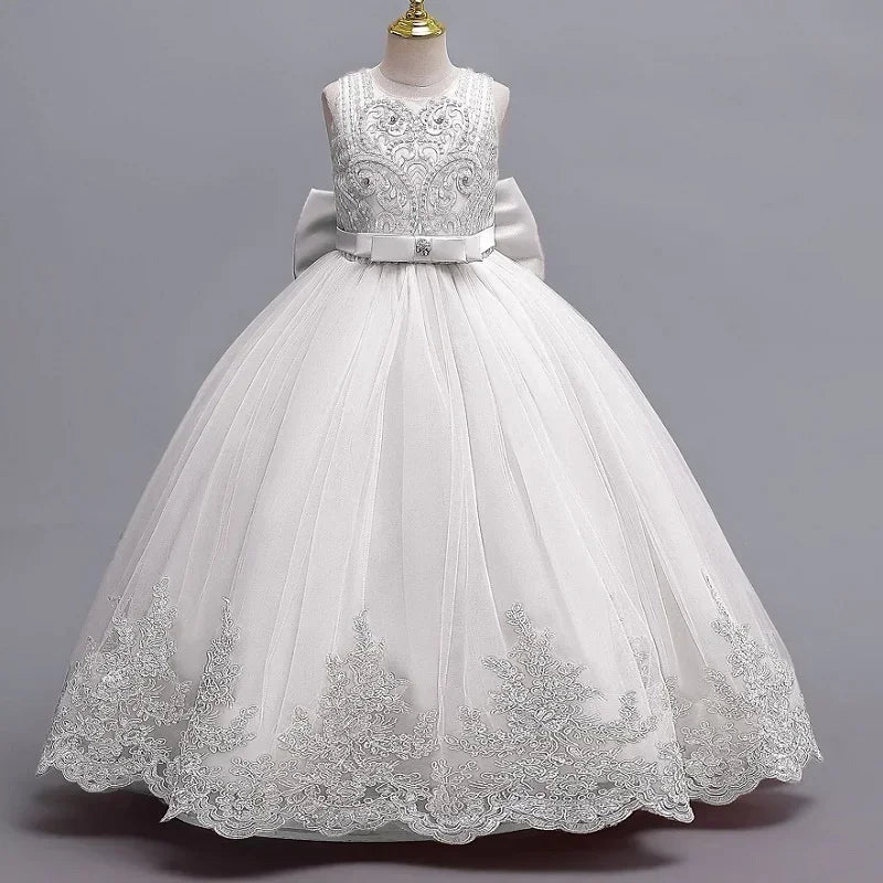Gesticktes Mesh-Hochzeitskleid, Blumenmädchen-Performance-Mädchenkleid, 4–12 Jahre altes Mädchen-Prinzessinnenkleid mit großer Schleife.