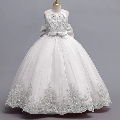 Gesticktes Mesh-Hochzeitskleid, Blumenmädchen-Performance-Mädchenkleid, 4–12 Jahre altes Mädchen-Prinzessinnenkleid mit großer Schleife.