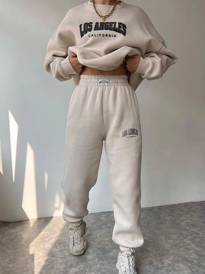 Warm Suit Autumn Winter Women Solid Set Elegant O-neck Pullover Hoodie And Pocket Trousers Two-Piece Set Lady Casual Loose Sets.