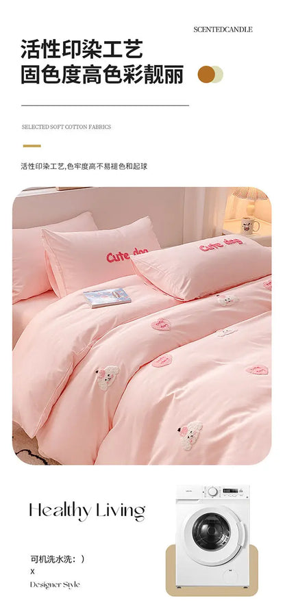 Ins Girly Heart Towel Embroidery Bedding Four-piece Set Soft Washed Cotton Bed Sheet Quilt Cover Three-piece Set.