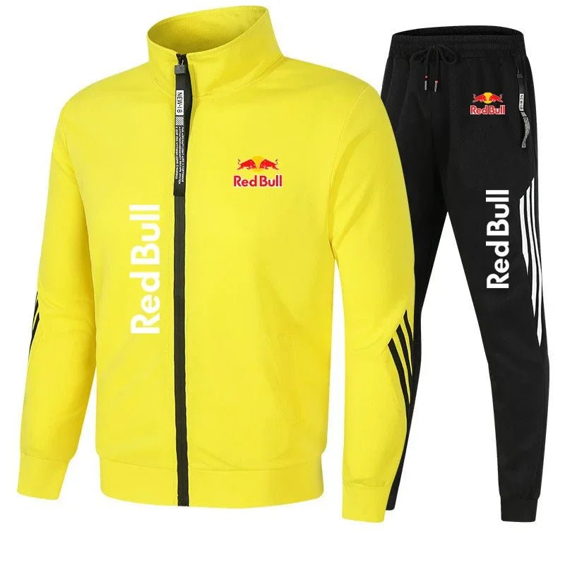 2025 Red Bull Logo Men's Hoodie Set Two-piece New Red Bull Brand Logo Printed Zipper Jacket Solid Color Simple Cycling Suit.