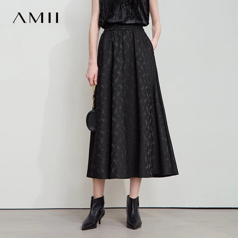 AMII 2025 Arrival Autumn Black A-line Women Skirt  Luxury Style Simple Elegant Elastic Waistband Offcial Lady Blouse 12523037.