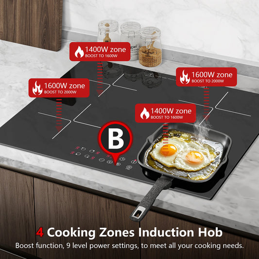 Induction Hob 4 Plates Built-in Electric Cooktop 60cm Booster Touch Control 6000W 9 Power Levels 1-99Minute Timer Child Lock.