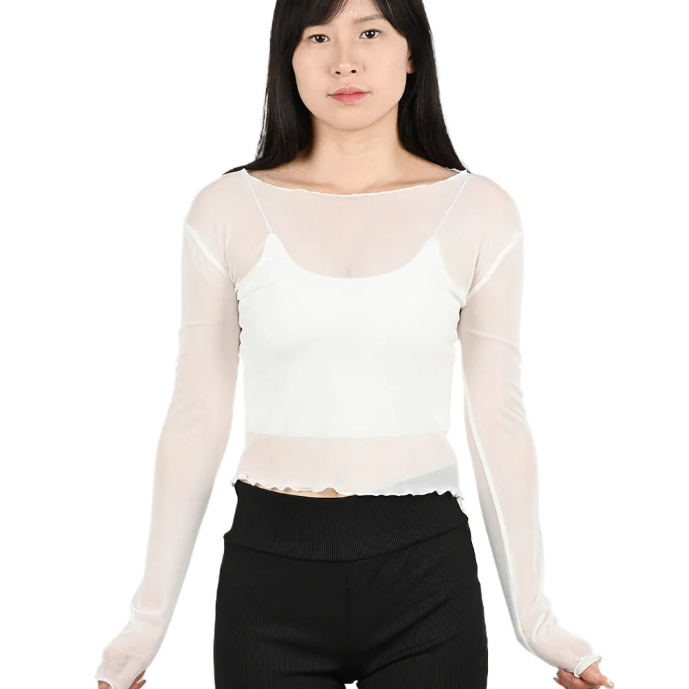 Summer Women Sunscreen T-shirt Girls Sexy Black Mesh Long-sleeved Tops Famale Ice Silk Transparent Sheer Bottom Blouses Shirts.