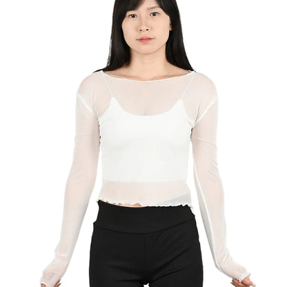 Summer Women Sunscreen T-shirt Girls Sexy Black Mesh Long-sleeved Tops Famale Ice Silk Transparent Sheer Bottom Blouses Shirts.