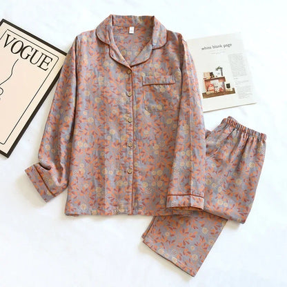 100% Cotton Crepe Homeclothes 2023 Autumn/Winter Women's Pajamas Suit Long-Sleeved Trousers 2-piece Yarn-Dyed Jacquard Pajamas