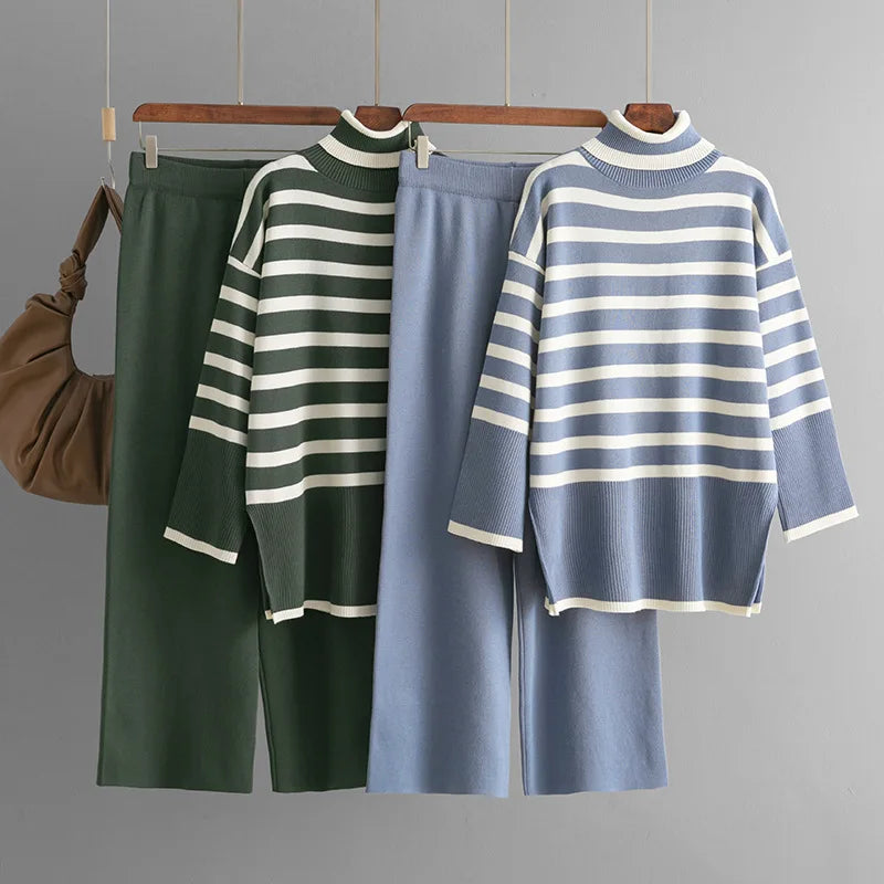 Muslim Women Knitting 2 Piece Sets Striped Sweater Pullover Top Wide Leg Pants Suit Outfits Knitwear Turtleneck Ensemble 2025.