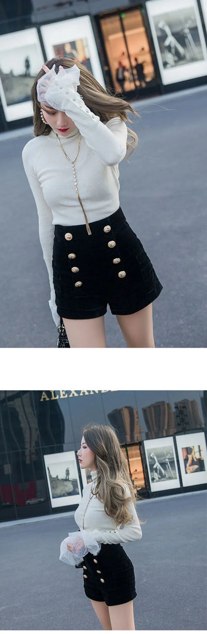 Autumn Winter High Waist Velvet Wide Leg Shorts Women Chic Double Breasted Short Pants Fashion Sexy Bottoms Casual Ropa Mujer.