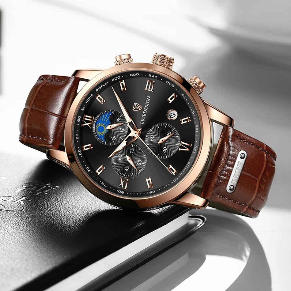 LIGE Luxury Fashion Women Watch Leather Strap Waterproof Casual Sport Quartz Wristwatch 24 hour Moon Phase Clock Watch for Women.