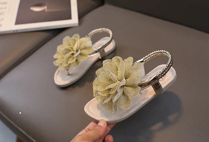 Girls Sandals 2023 Summer New Bling Flowers Baby Children Fashion Soft Bottom Student Shoes Kid's Slippers Pink Flats Flip Flops.
