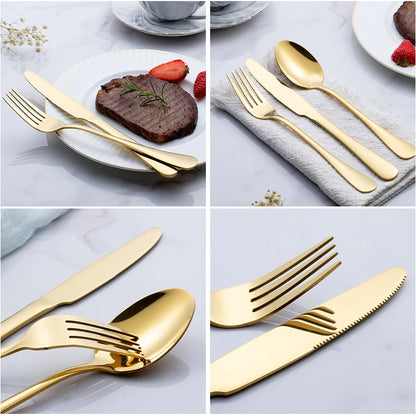 24pcs Golden Tableware Set Light Luxury Stainless Steel Cutlery Fork Knife Spoon Dinnerware Set Minimalist Decor with Gift Box.