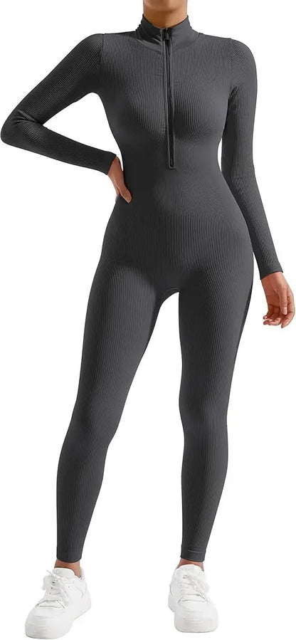 Seamless Long Sleeve Yoga Suit One-Piece Tightening Fitness Leisure Sports Jumpsuit with Zipper for Women
