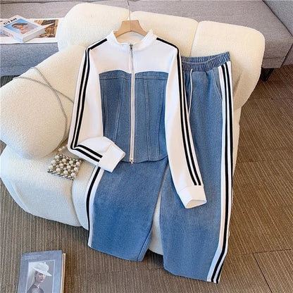 Pant Set Women Two Piece Sets Denim Splice Zipper Matching Sets Casual Coats Wide Leg Long Pants Lace Up Elastic Waist 2025.