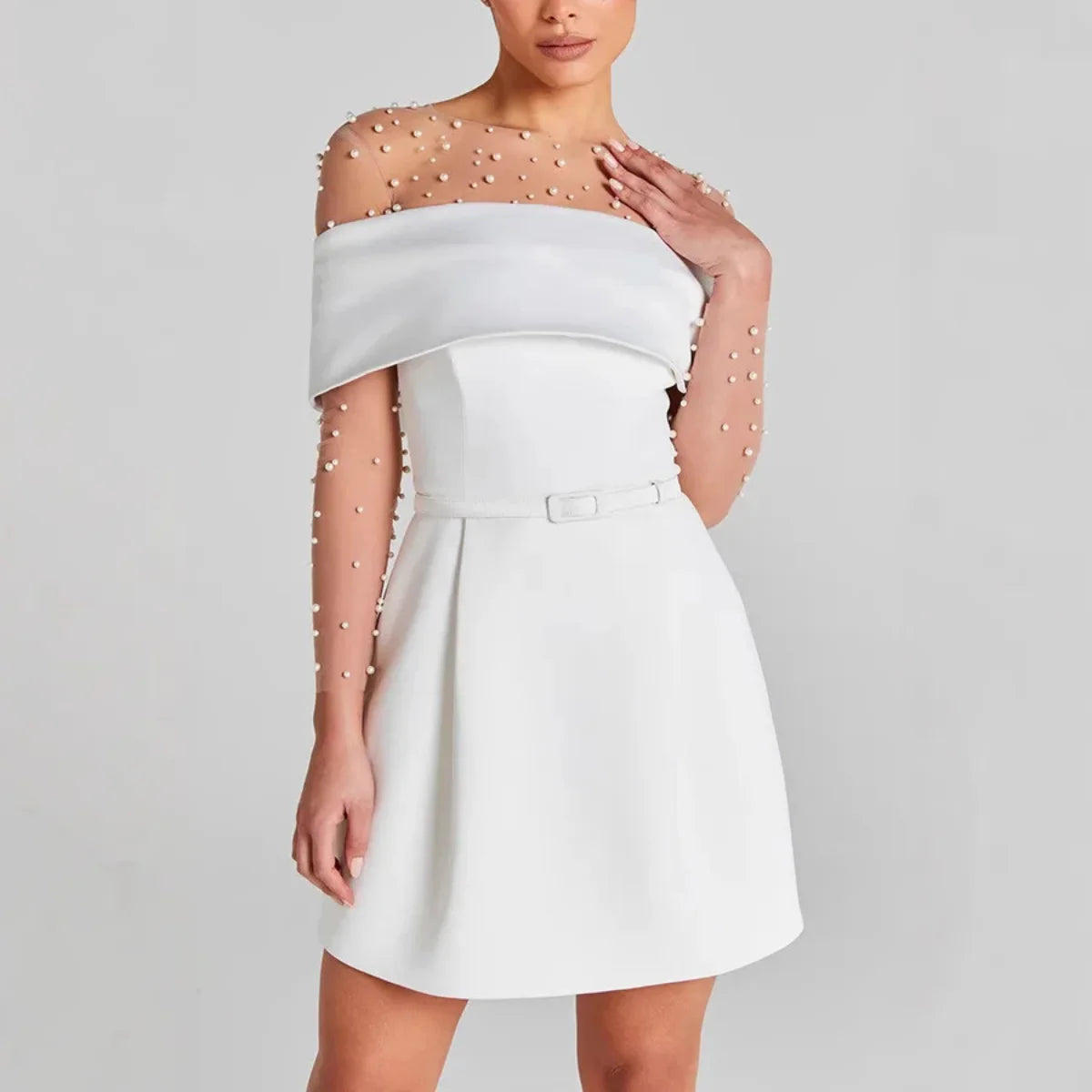 Elegant Women Slim Fit Bodysuit Rompers Pearls Beaded Patchwork One Piece Jumpsuit Causal See-through Tulle Long Sleeve Playsuit.