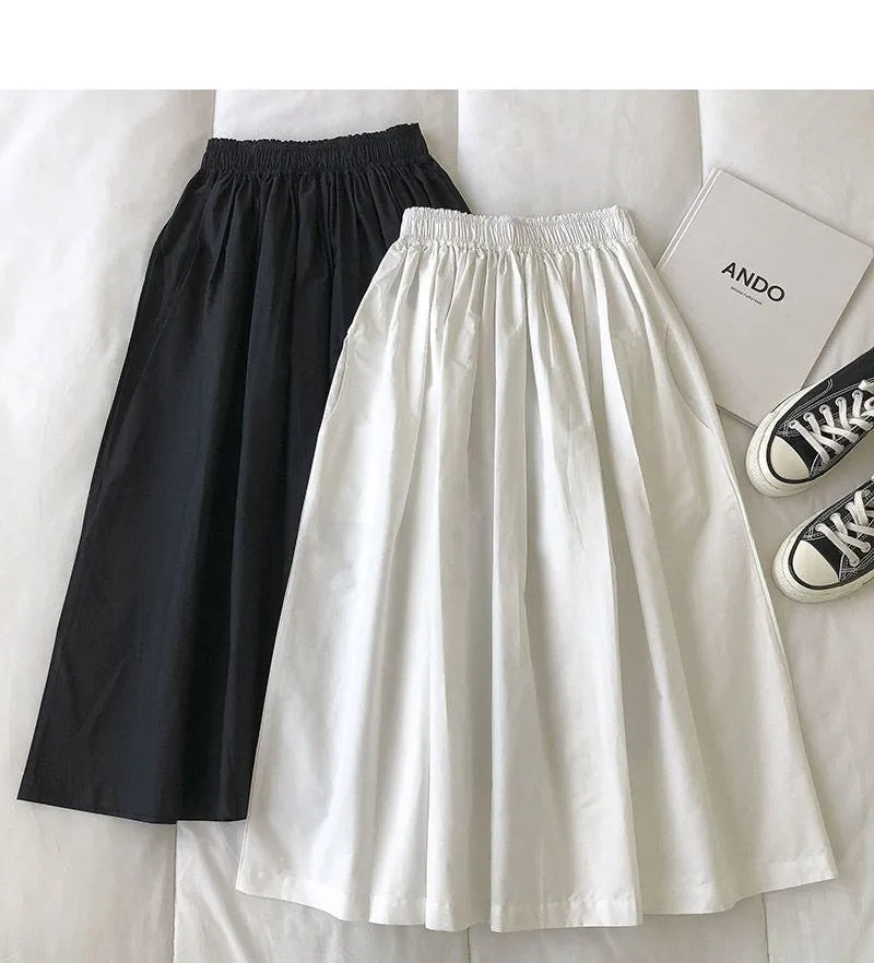 Women Black skirt midi High waist korean style Pleated a line Vintage Clothing 2025 new Summer Casual Fashion Ladies Work Wear.