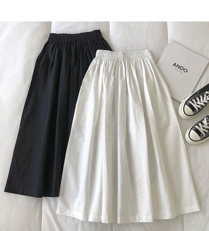 Women Black skirt midi High waist korean style Pleated a line Vintage Clothing 2025 new Summer Casual Fashion Ladies Work Wear.