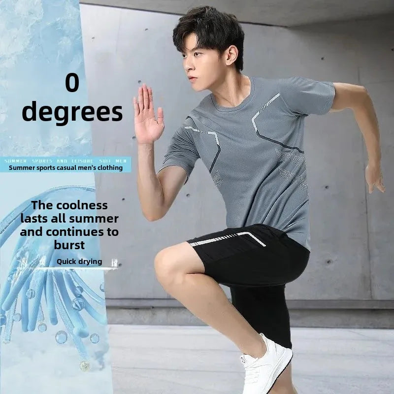 Men's Fitness Ice Silk Sports Suit Short Sleeve Training Room Basketball Morning Run Summer Outfit Shorts And T-shirt Set