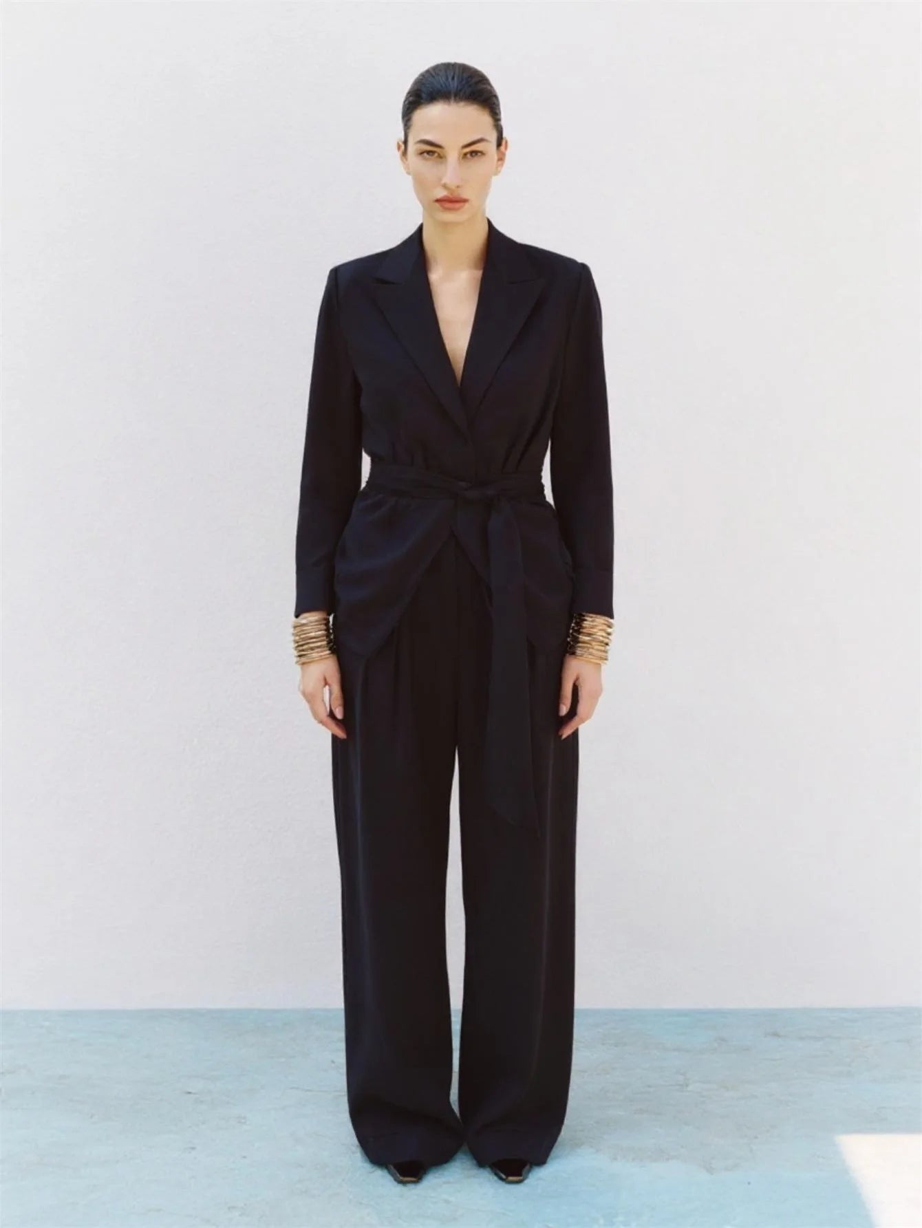 Mia Muse Boutique Women's Sets Autumn Fashion Plain Lace-Up Long Sleeve Lapel Natural Waist Full Length Casual Pants Sets.