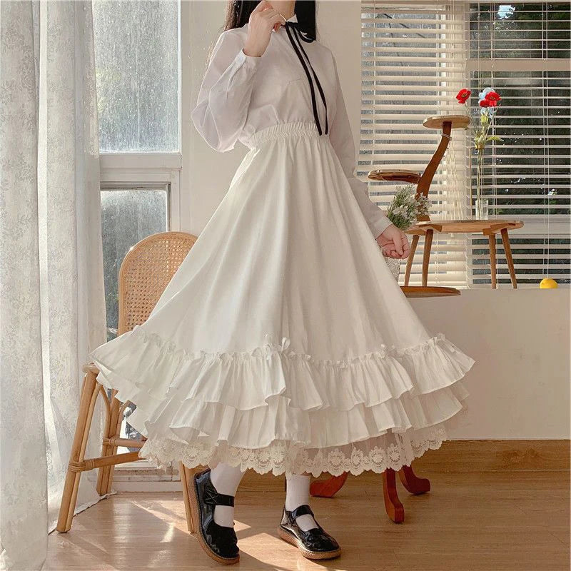 Fashion Sweet Midi Skirt Women Lace Patchwork Bow Preppy Fall Loose Casual Skirts Japanses Ruffle High Waist Solid Chic Skirt.
