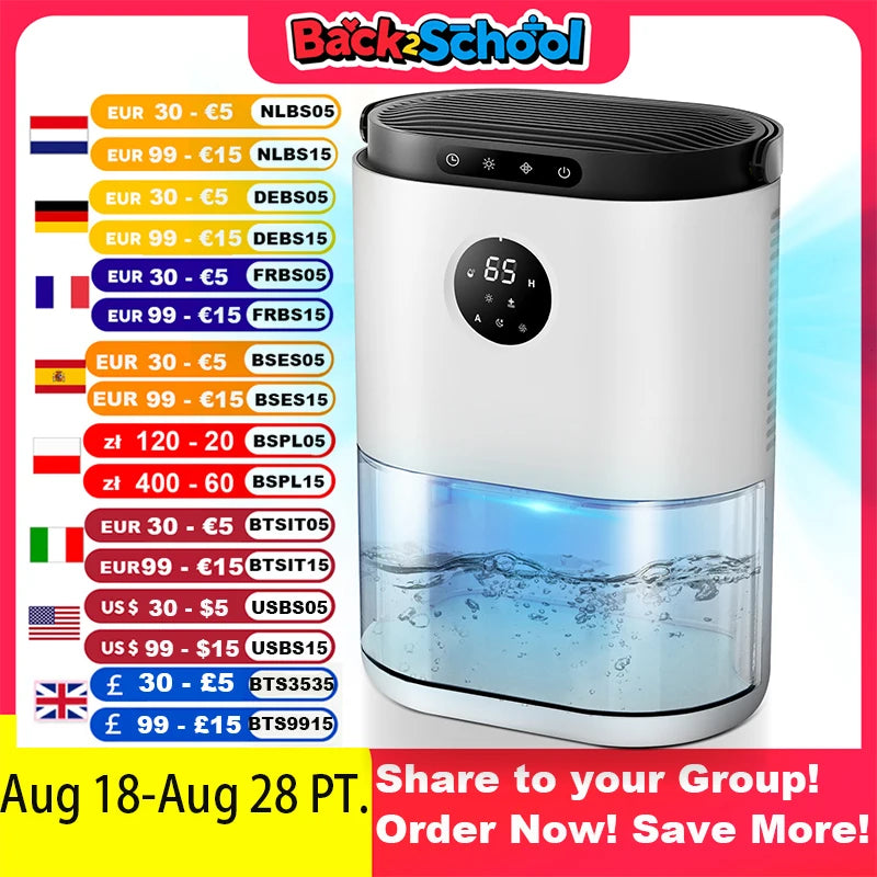 2300ML Dehumidifier Touching Control Home Appliances, Auto Defrost, Ultra Quiet Sleep Timing for Large Room Bathroom Garage RV.