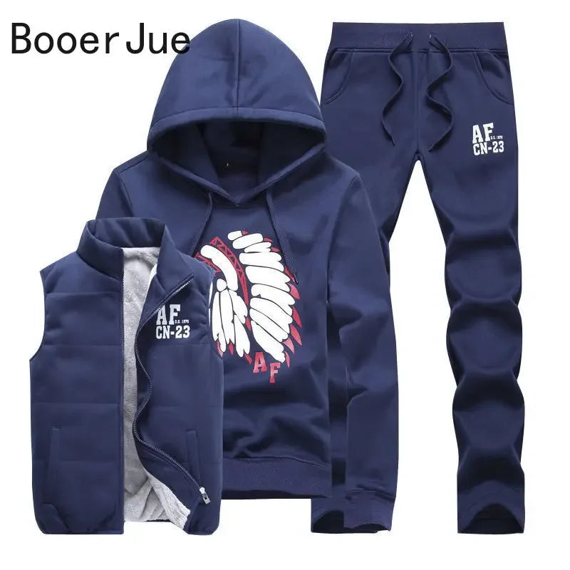 3 Pieces Set Hoodies+Vest+Pants Casual Men's Track Suit Clothing Coats Winter Thick Warm Tracksuit for Men Printed Mens Set Vest