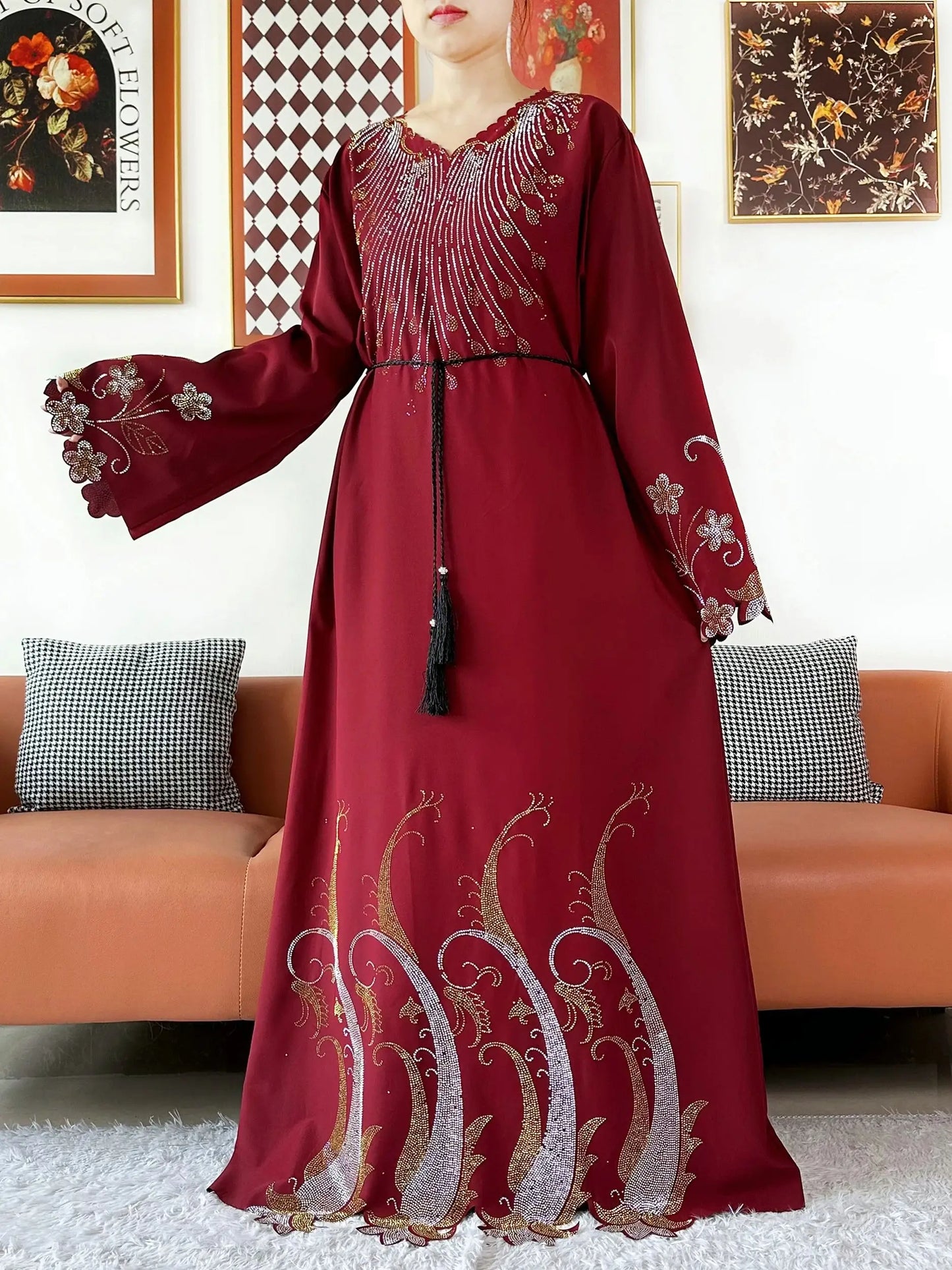2025Fashion Dubai Diamond Muslim Women Modest Dress Elegant Arabic Femme Hijab Long Sleeve Chiffon Abaya Islamic Turkey Clothing.