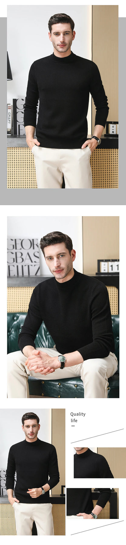 High End 100% Wool Thick New Autum Winter Fashion Brand Pullover Knit Half Turtleneck Business Sweater Casual Men Clothing