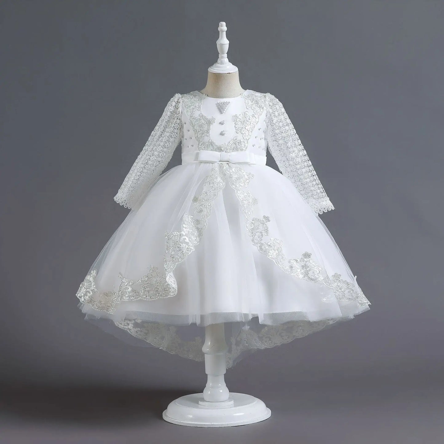 Party-Tüll-Kleider für Mädchen, langärmelig, Spitze, Perlen, nachgestelltes Prinzessinnenkleid für Kinder, Hochzeit, Geburtstag, Performance, Abendkleid