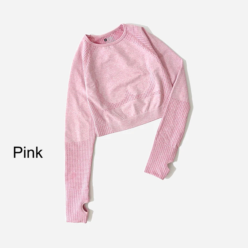 Women Seamless Long Sleeve Crop Top Yoga Shirts with Thumb Hole Running Fitness Workout Gym Sports Top Shirts Sportswear